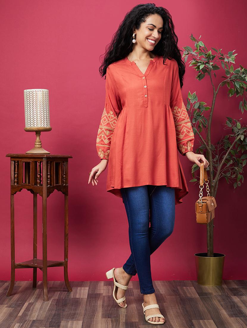 globus women rust mandarin collar embroidered bishop sleeves asymmetric hem panelled a-line kurta - 20600234 -  Standard Image - 3
