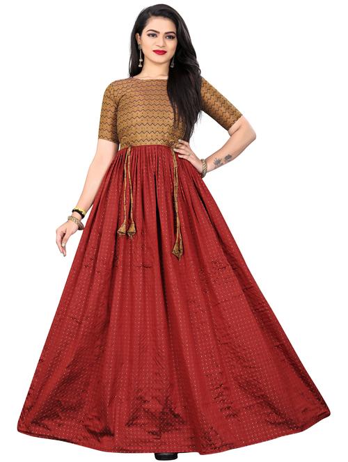 women red round neck stitched gown - 20601321 - Standard Image - 0