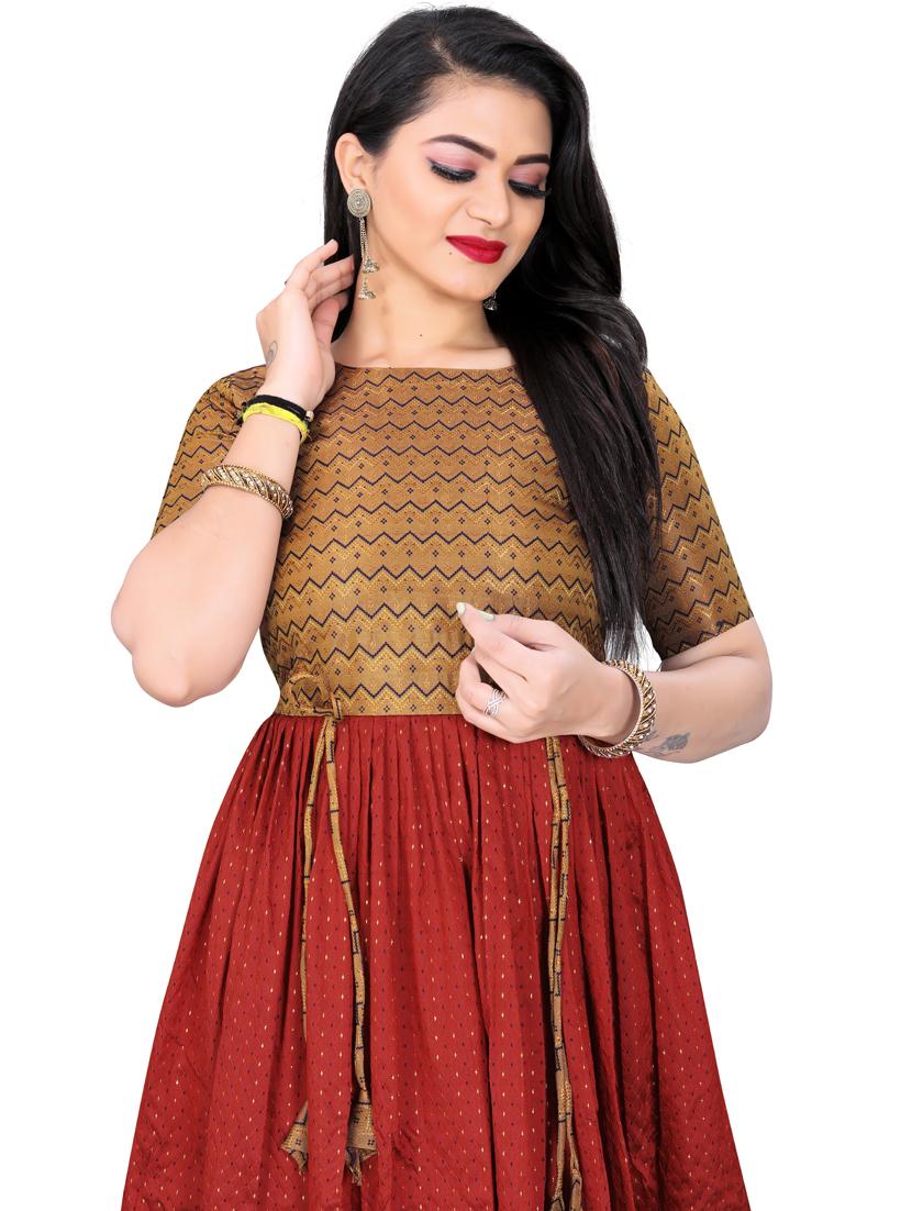 women red round neck stitched gown - 20601321 - Standard Image - 3