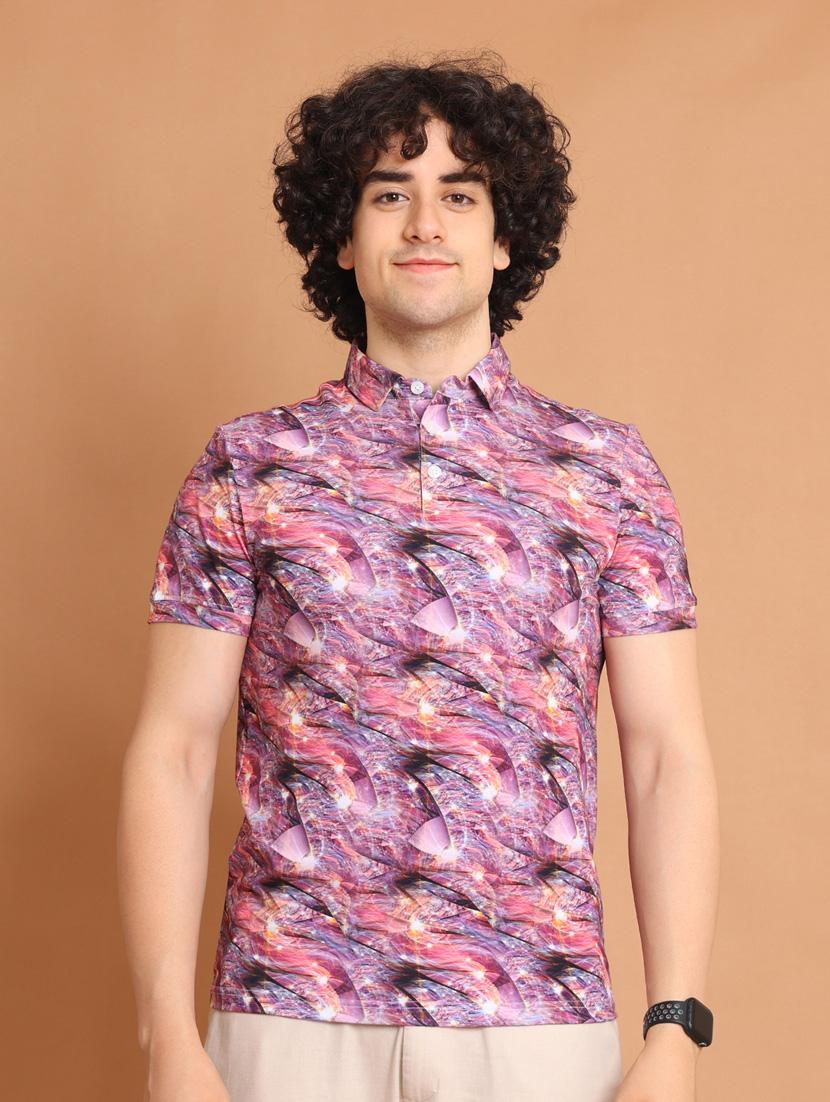 purple printed short sleeve polo t-shirt - 20601448 - Zoom Image - 0