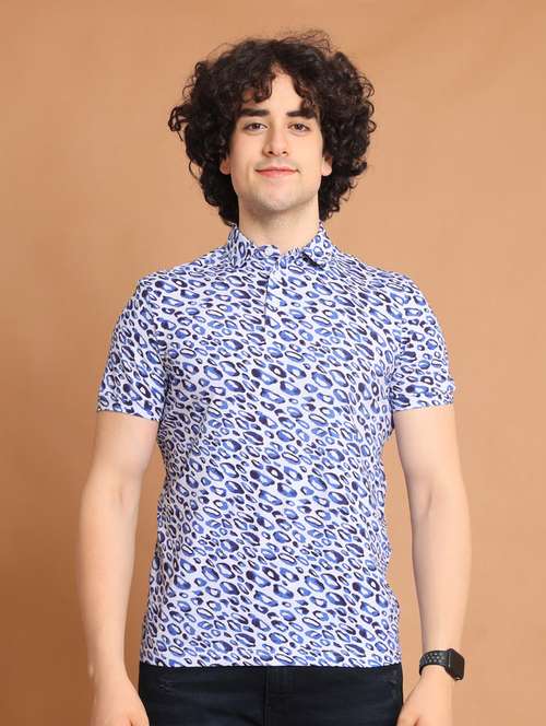 blue printed short sleeve polo t-shirt - 20601449 -  Standard Image - 0