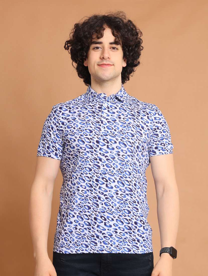 blue printed short sleeve polo t-shirt - 20601449 -  Zoom Image - 0