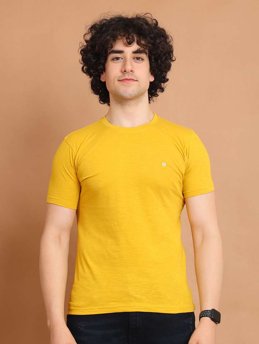 men yellow plain round neck t-shirt - 20601476 - Zoom Image - 0