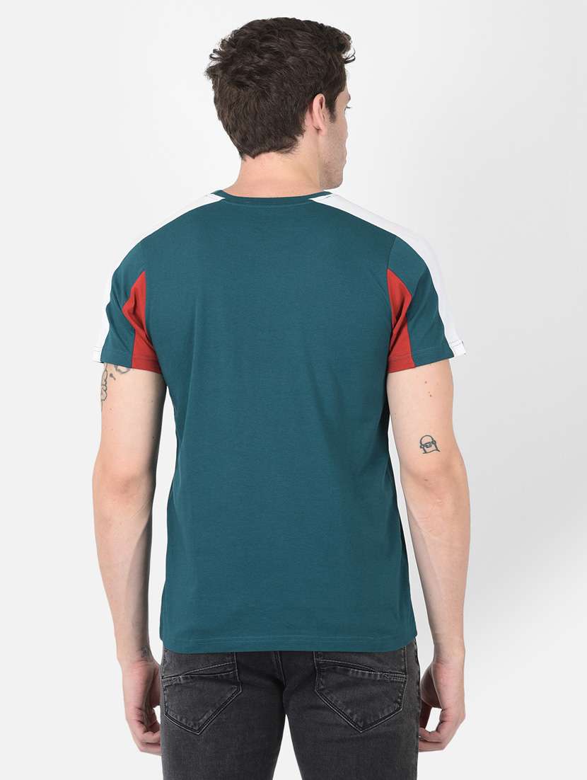 men teal color block round neck t-shirt - 20601537 -  Standard Image - 3