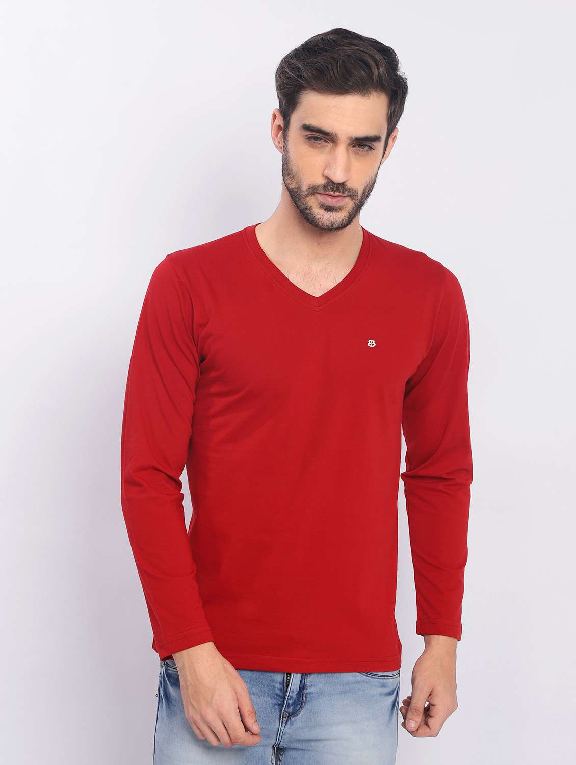 men red plain v-neck t-shirt