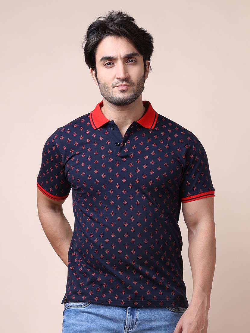 men navy blue printed polo neck t-shirt