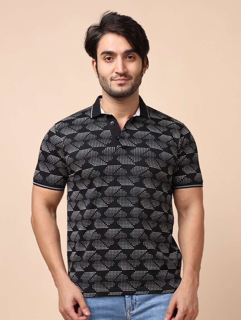 men black printed polo neck t-shirt