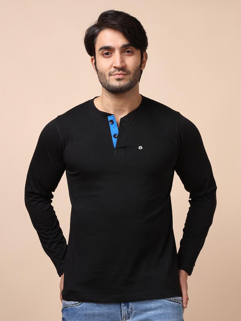 men black plain henley neck t-shirt - 20601596 -  Zoom Image - 0