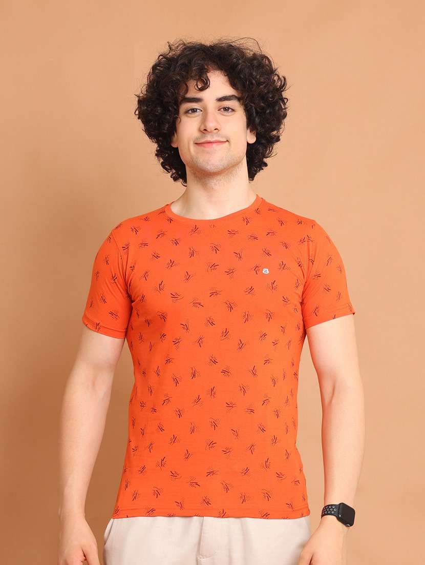 men orange printed round neck t-shirt