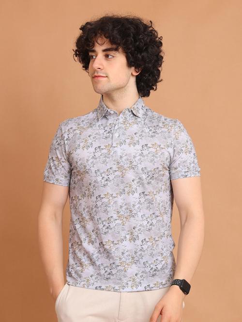 grey printed short sleeve polo t-shirt - 20601657 - Standard Image - 0