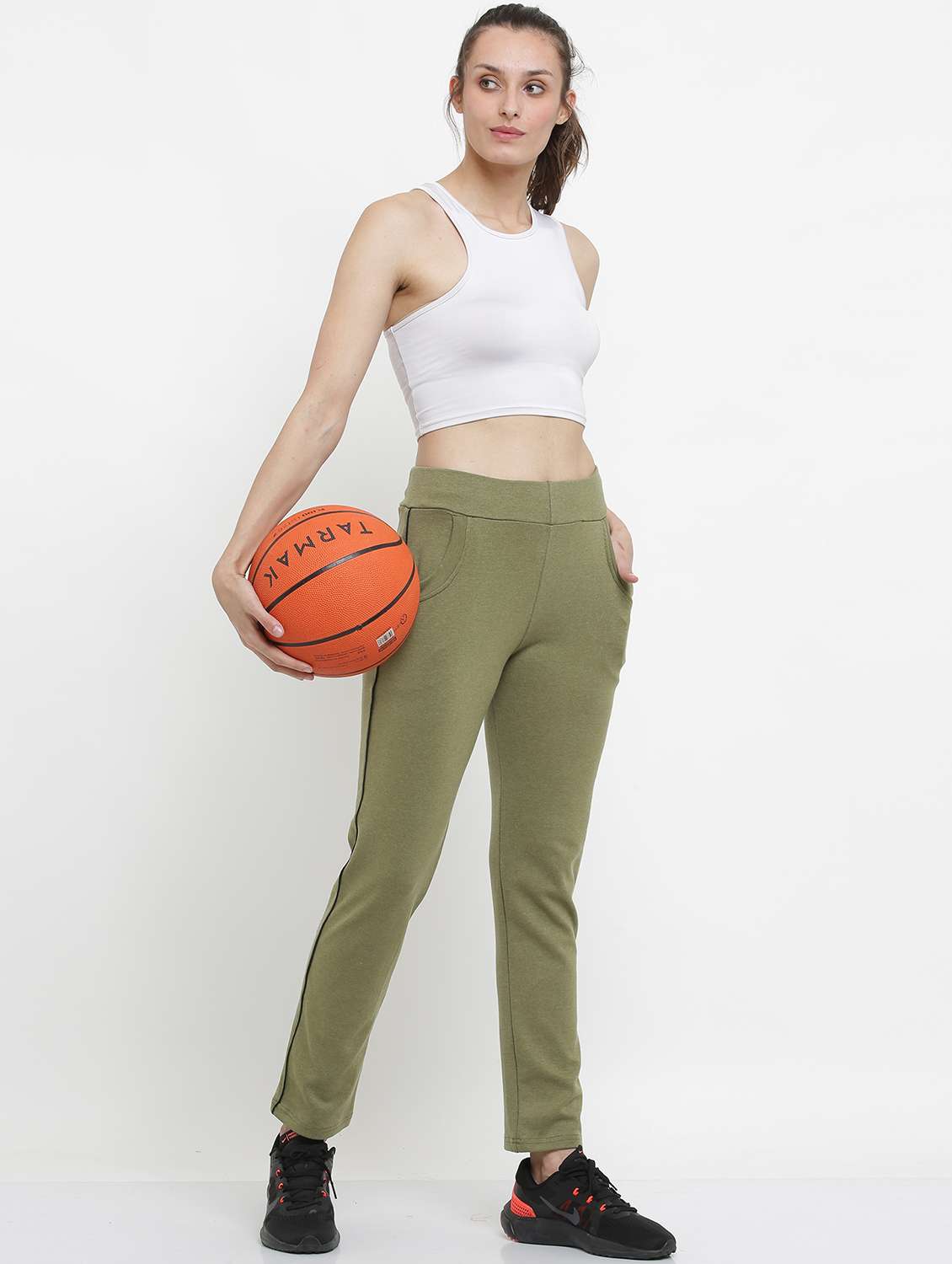 women olive side taped track pants - 20602090 -  Standard Image - 3