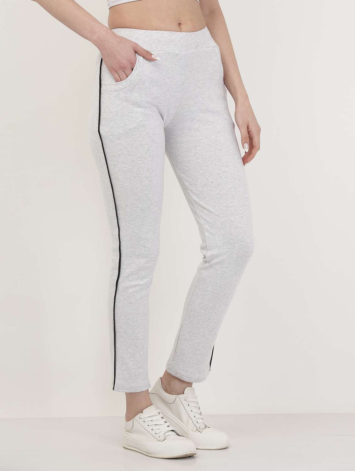 women grey side taped track pants