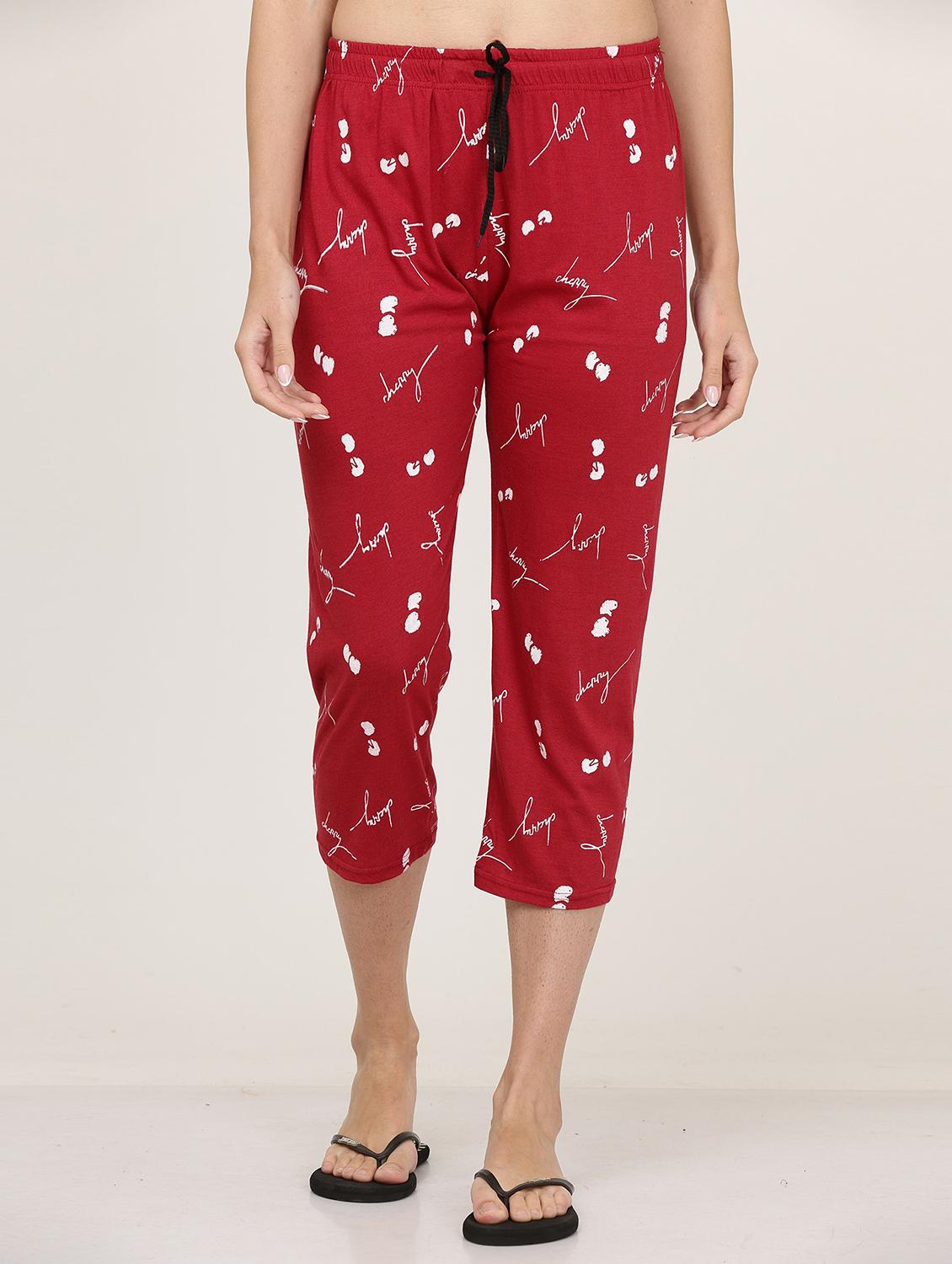 women maroon printed cotton capri