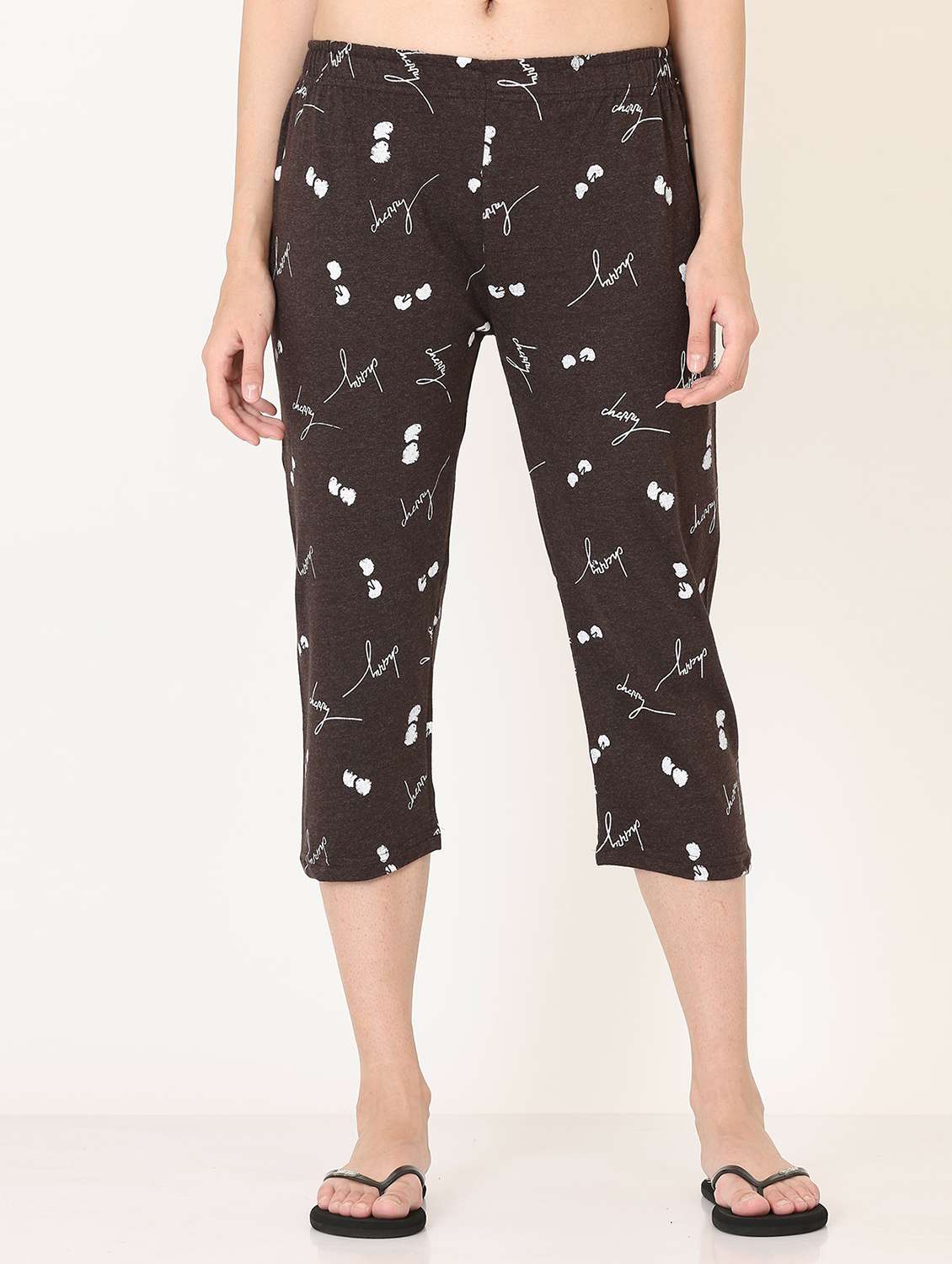 women coffee brown printed cotton capri
