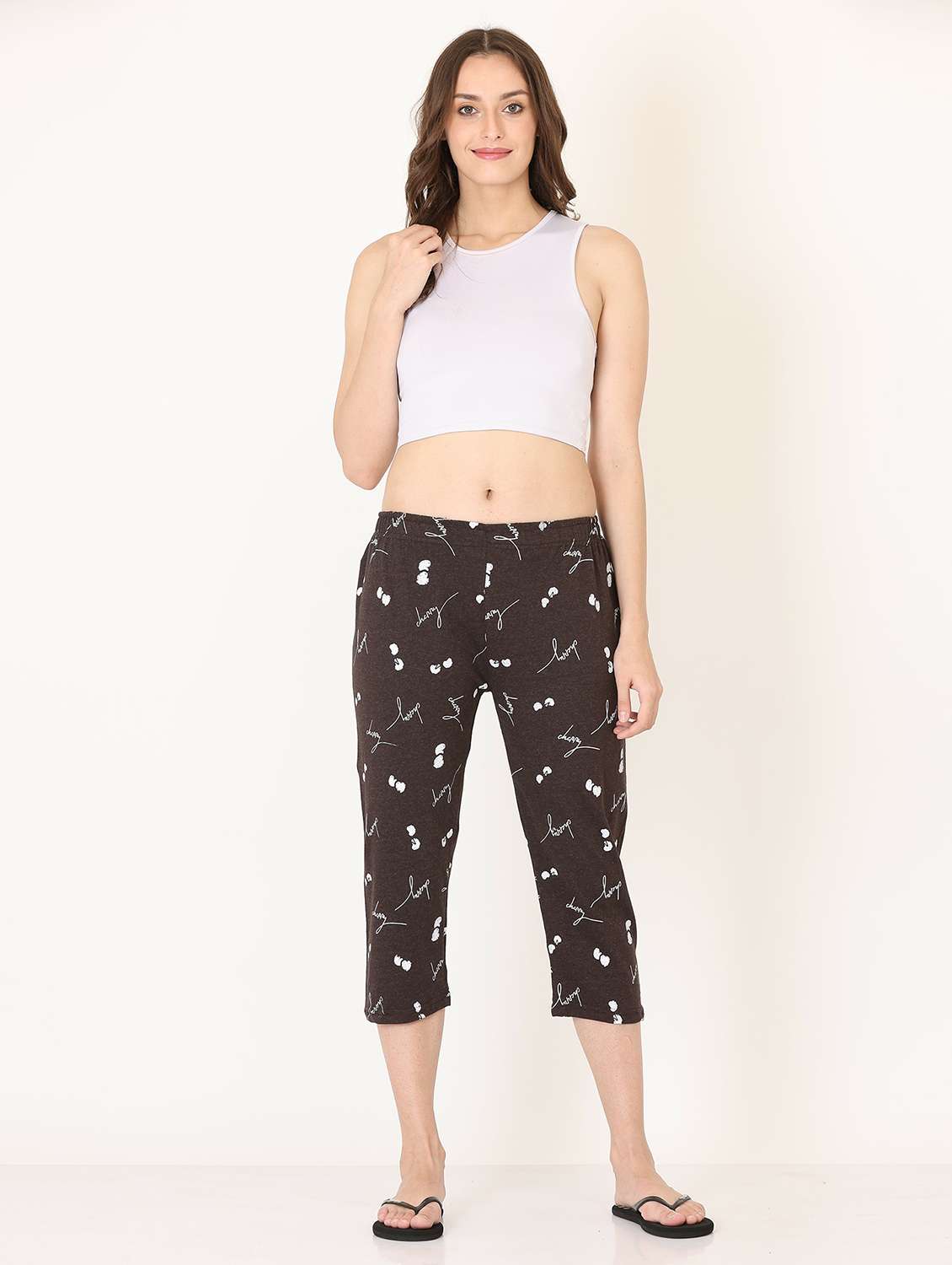 women coffee brown printed cotton capri - 20602188 -  Standard Image - 3