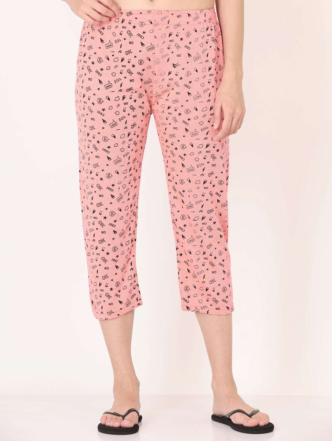 women peach printed cotton capri