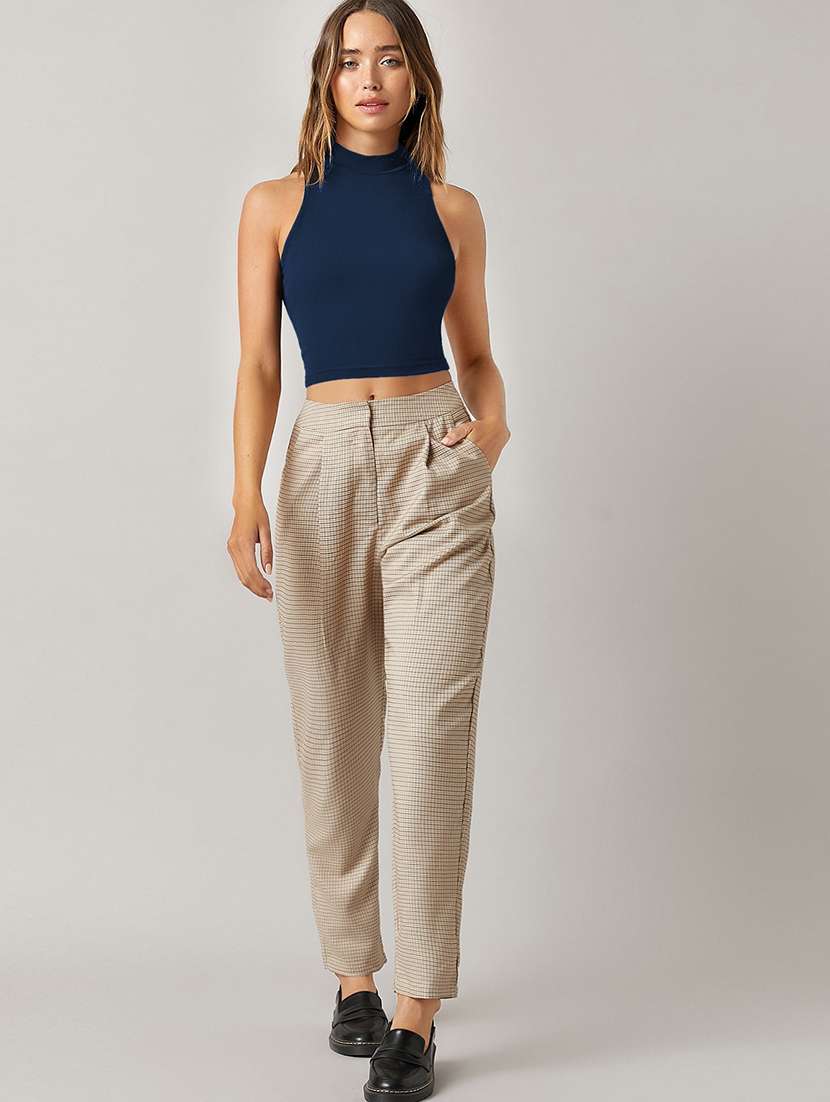 women solid blue high neck crop top - 20602240 -  Standard Image - 3