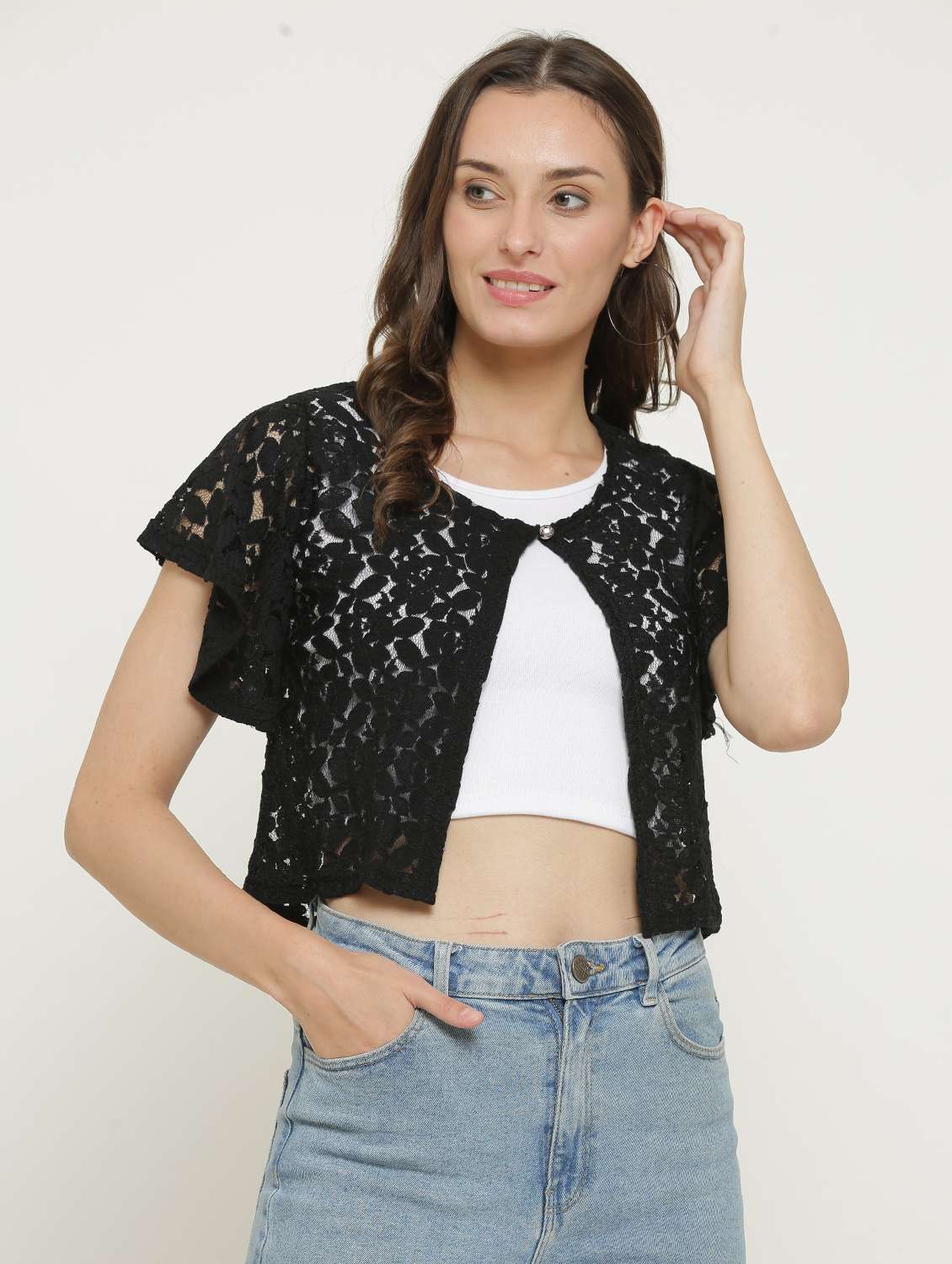 women lace detailed flared sleeves shrug
