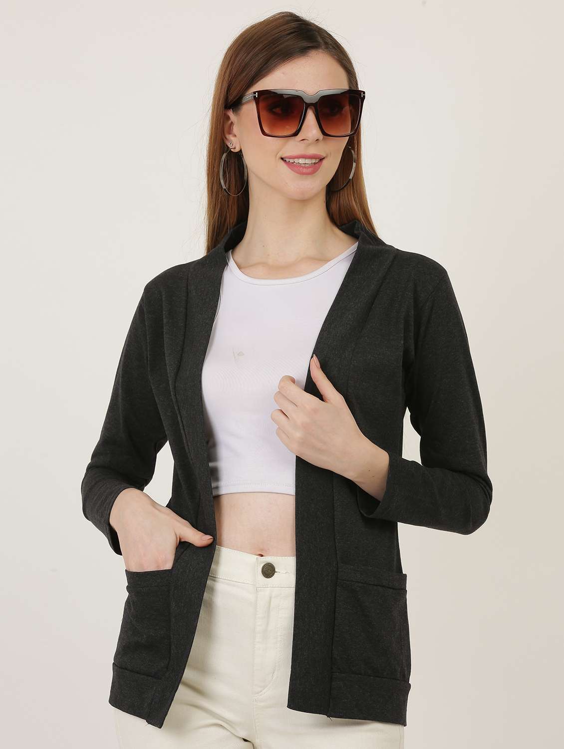women solid long sleeves shrug with pocket