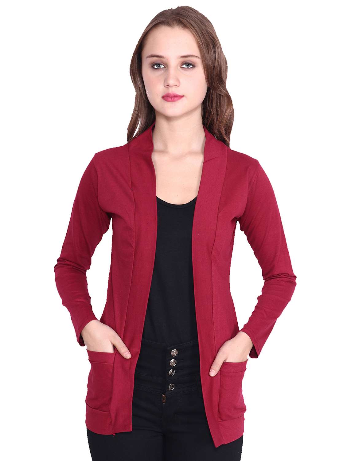women solid long sleeves shrug with pocket