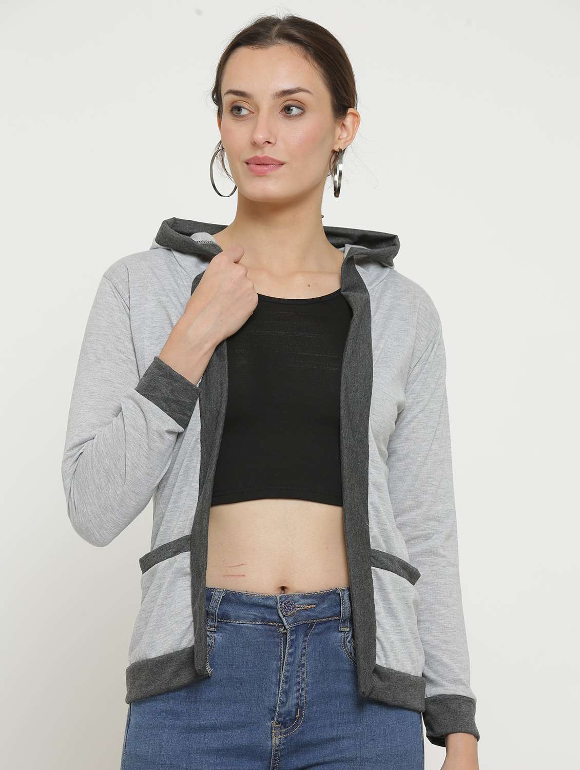 women solid long sleeves hooded shrug