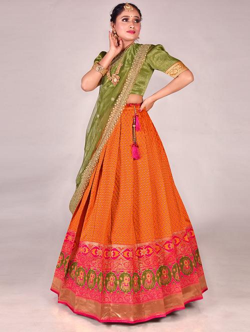 orange self design semi stitched lehenga - 20602735 - Standard Image - 0