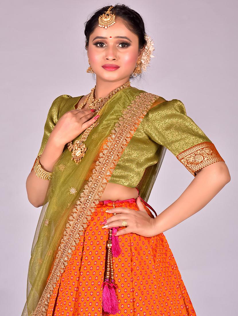 orange self design semi stitched lehenga - 20602735 - Standard Image - 3