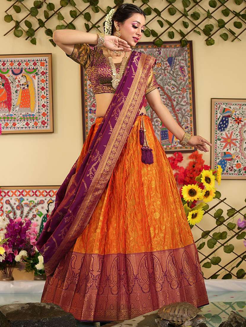 Buy online Orange Self Design Semi Stitched Lehenga from ethnic wear