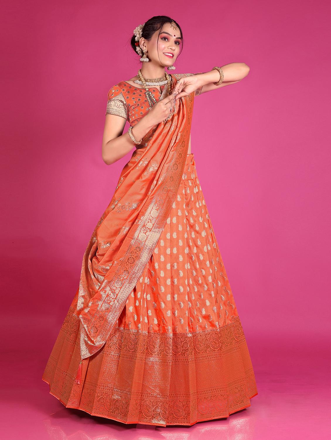 women orange self design semi-stitched lehenga - 20603388 - Zoom Image - 0