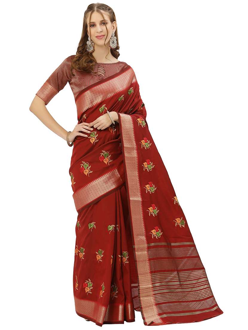 maroon solid with work bordered saree with blouse - 20604215 - Zoom Image - 0