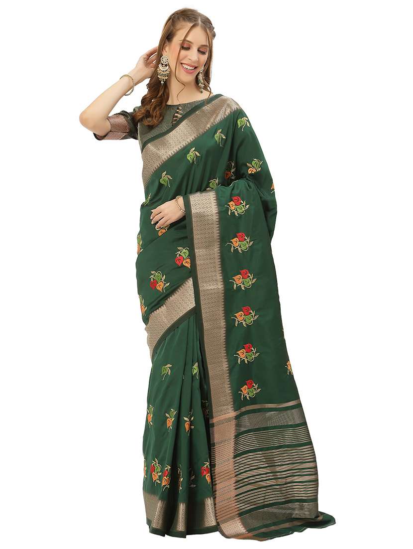 green solid with work saree with blouse - 20604218 - Zoom Image - 0