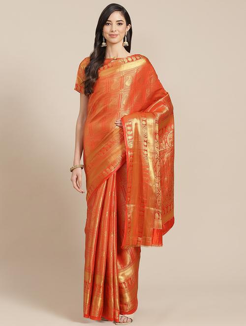 orange self design banarasi saree with blouse - 20604239 - Standard Image - 0