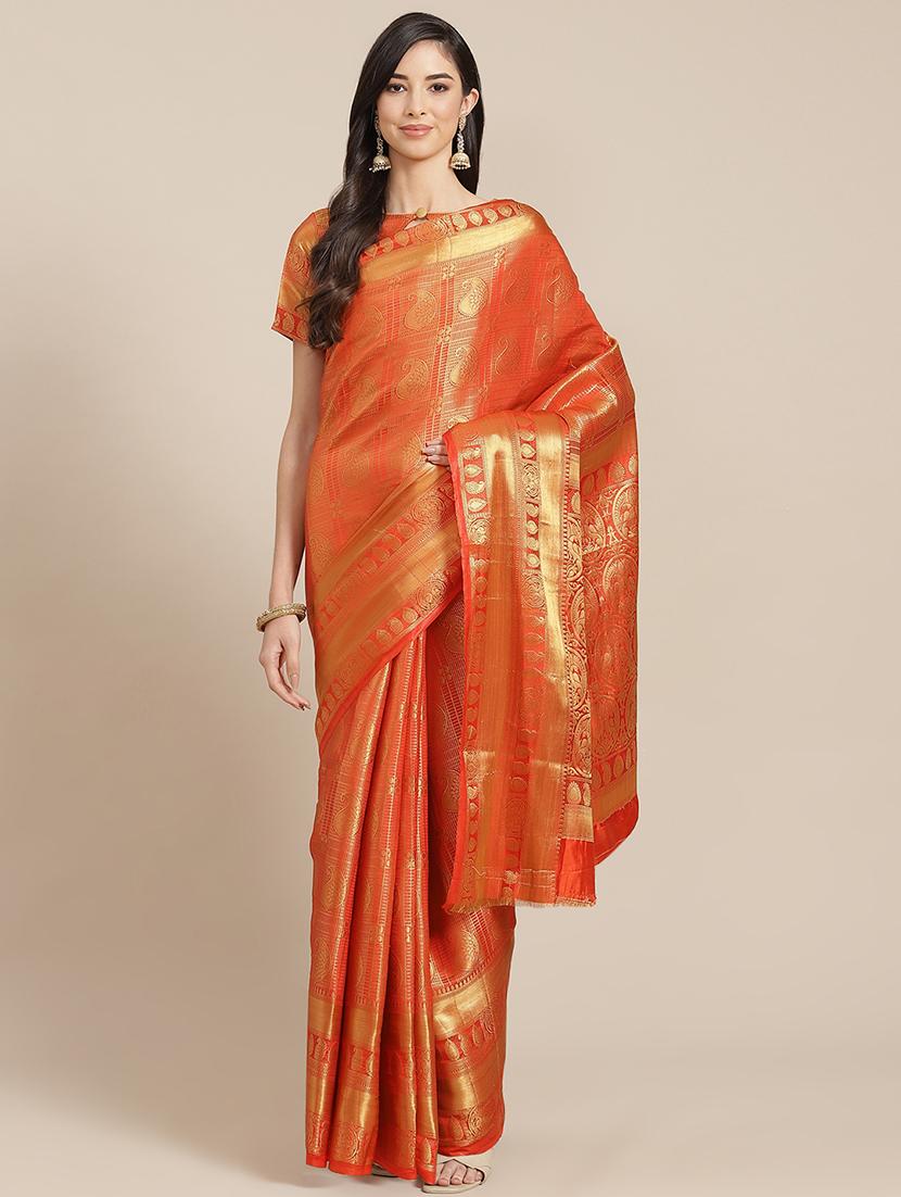 orange self design banarasi saree with blouse - 20604239 - Zoom Image - 0
