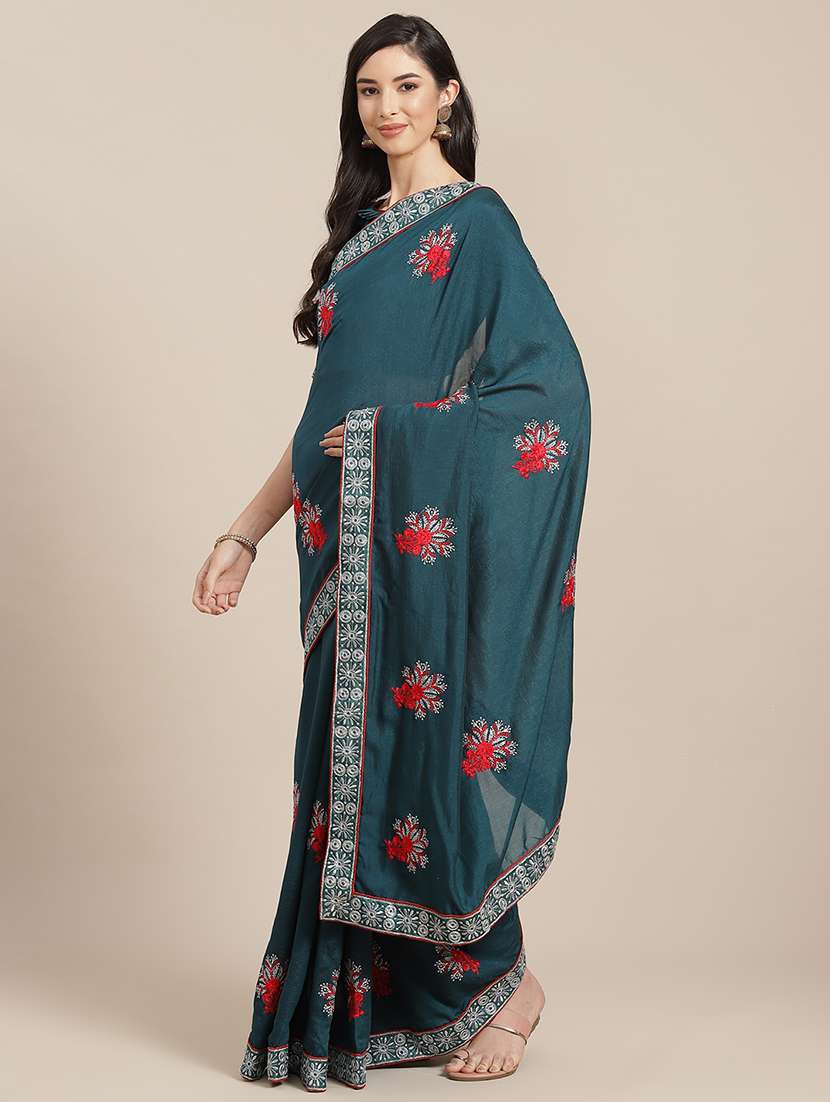 women teal embroidered saree with blouse - 20604246 -  Zoom Image - 0