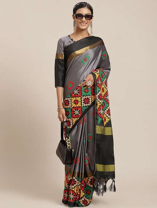women grey embroidered saree with blouse - 20604259 - Standard Image - 0