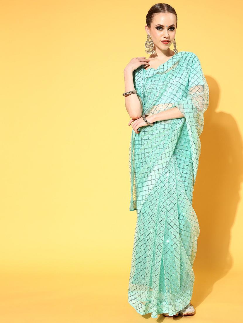 turquoise embellished saree with blouse - 20604282 -  Zoom Image - 0