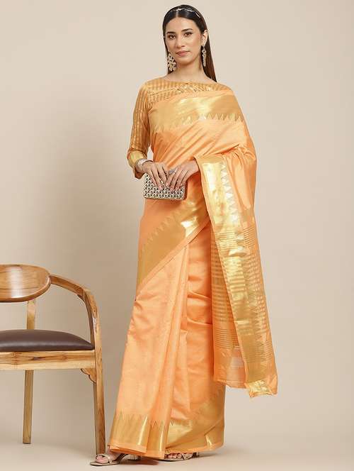 orange self design assam silk saree with blouse - 20604296 - Standard Image - 0