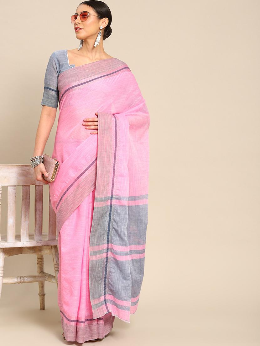 pink self design handloom saree with blouse - 20604315 -  Zoom Image - 0