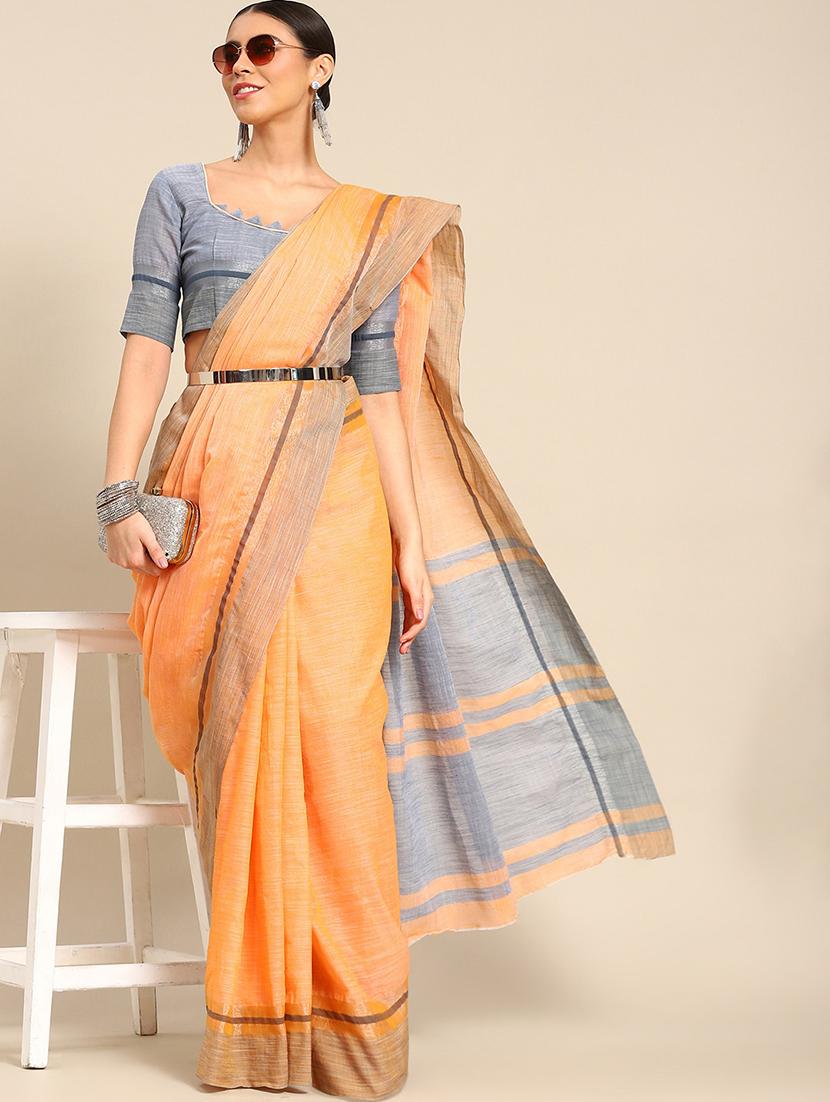 orange self design handloom saree with blouse - 20604317 - Zoom Image - 0