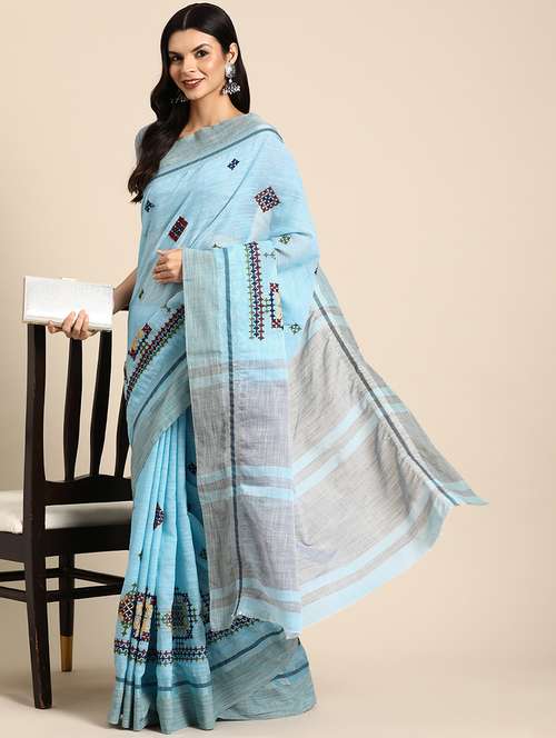 women light blue embroidered saree with blouse - 20604328 -  Standard Image - 0