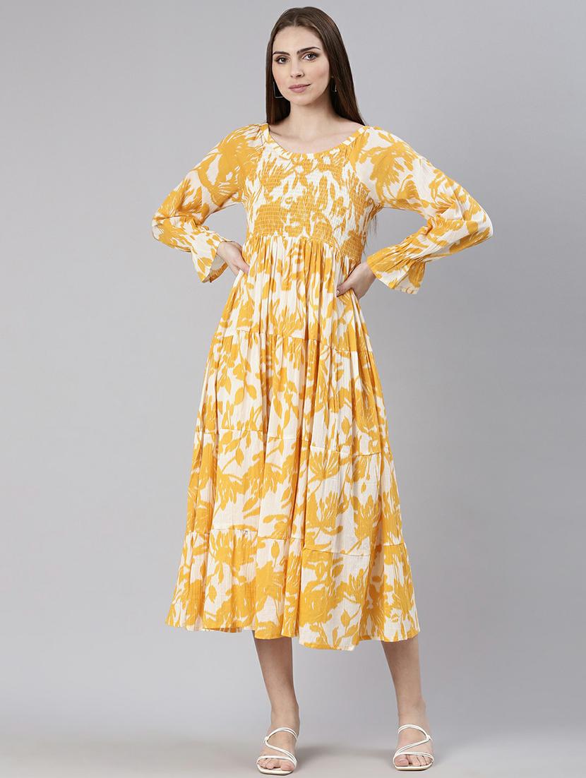 women mustard & white printed tiered dress - 20605229 - Zoom Image - 0