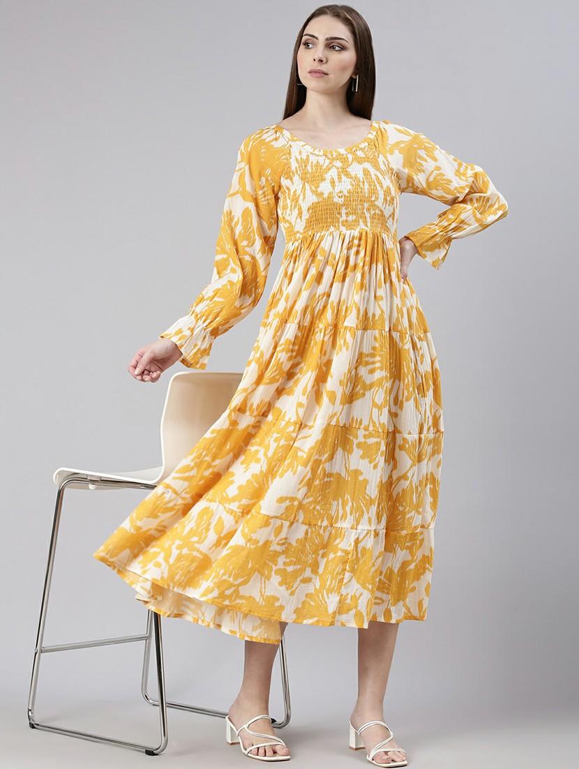 women mustard & white printed tiered dress - 20605229 - Standard Image - 3