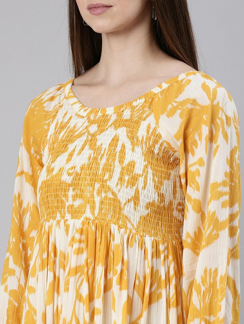 women mustard & white printed tiered dress - 20605229 - Standard Image - 5