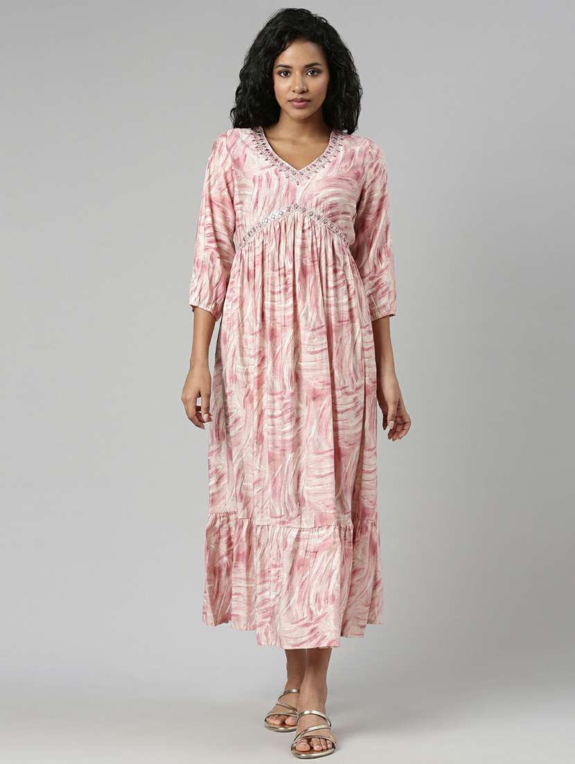 women mauve & white printed fit & flare dress