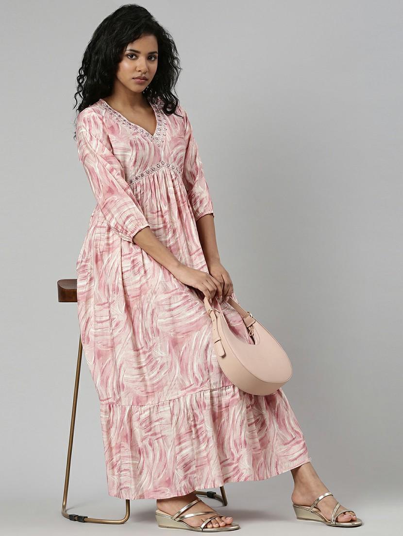 women mauve & white printed fit & flare dress - 20605230 - Standard Image - 3