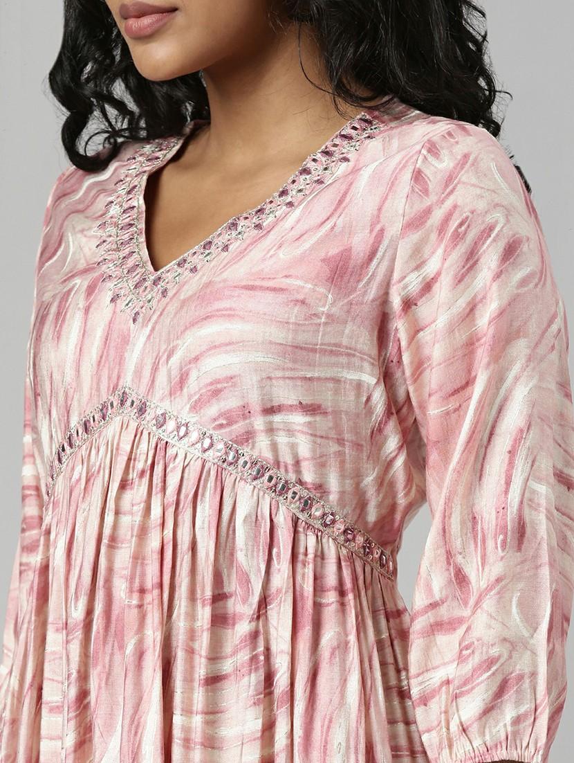 women mauve & white printed fit & flare dress - 20605230 - Standard Image - 5