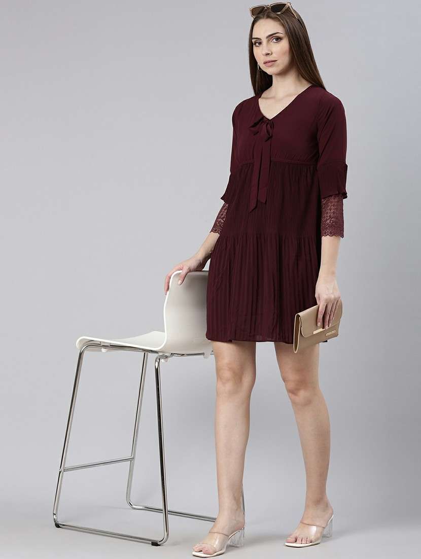 women maroon solid a-line mini dress - 20605232 -  Standard Image - 3