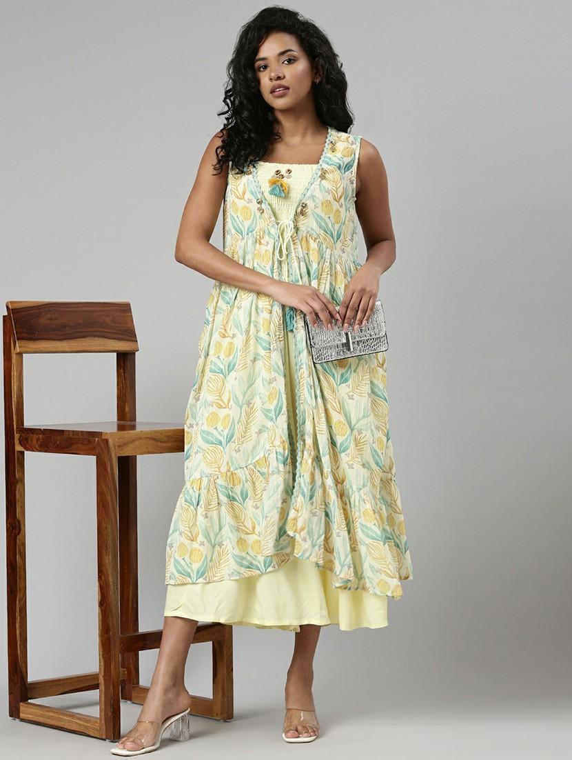 women yellow fit & flare dress with printed outer - 20605245 - Standard Image - 3