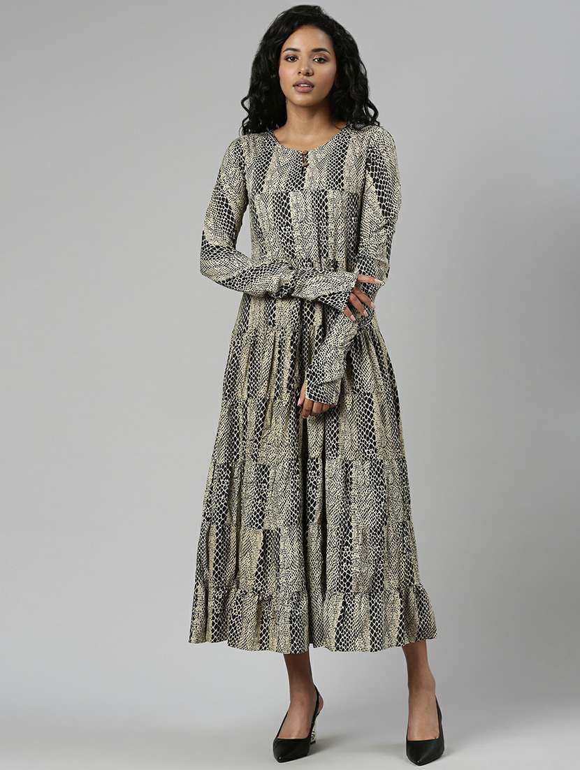 women beige & black printed fit & flare dress - 20605247 -  Zoom Image - 0