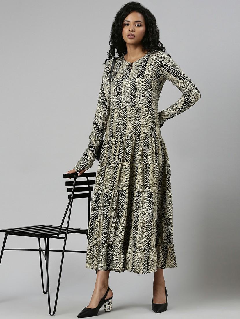 women beige & black printed fit & flare dress - 20605247 - Standard Image - 3